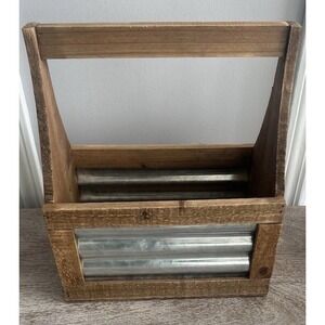 Rustic Wood & Metal Slat Box With Handle Decor Storage Brown Silver